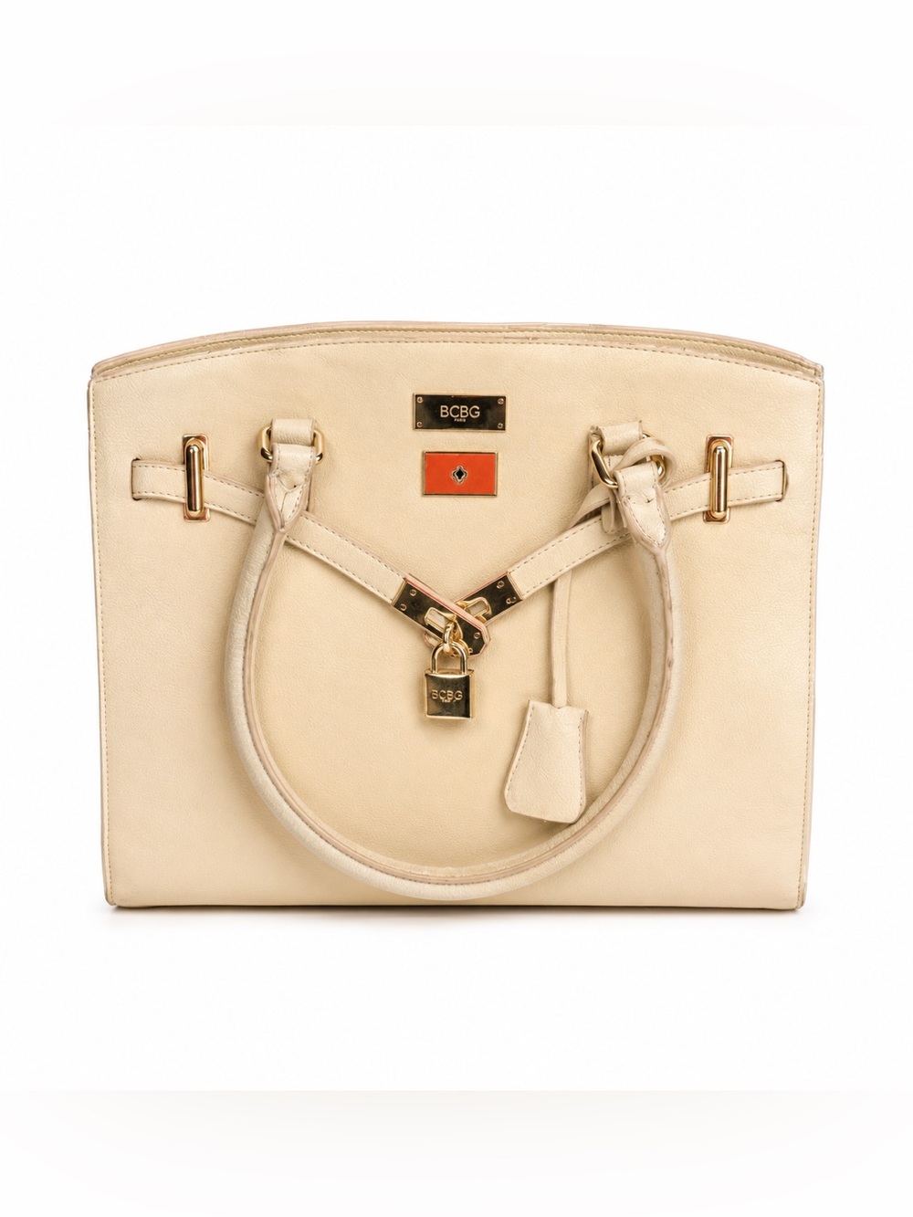 BCBG Paris Cream Faux Leather Structured Satchel Tote Bag Gold Hardware